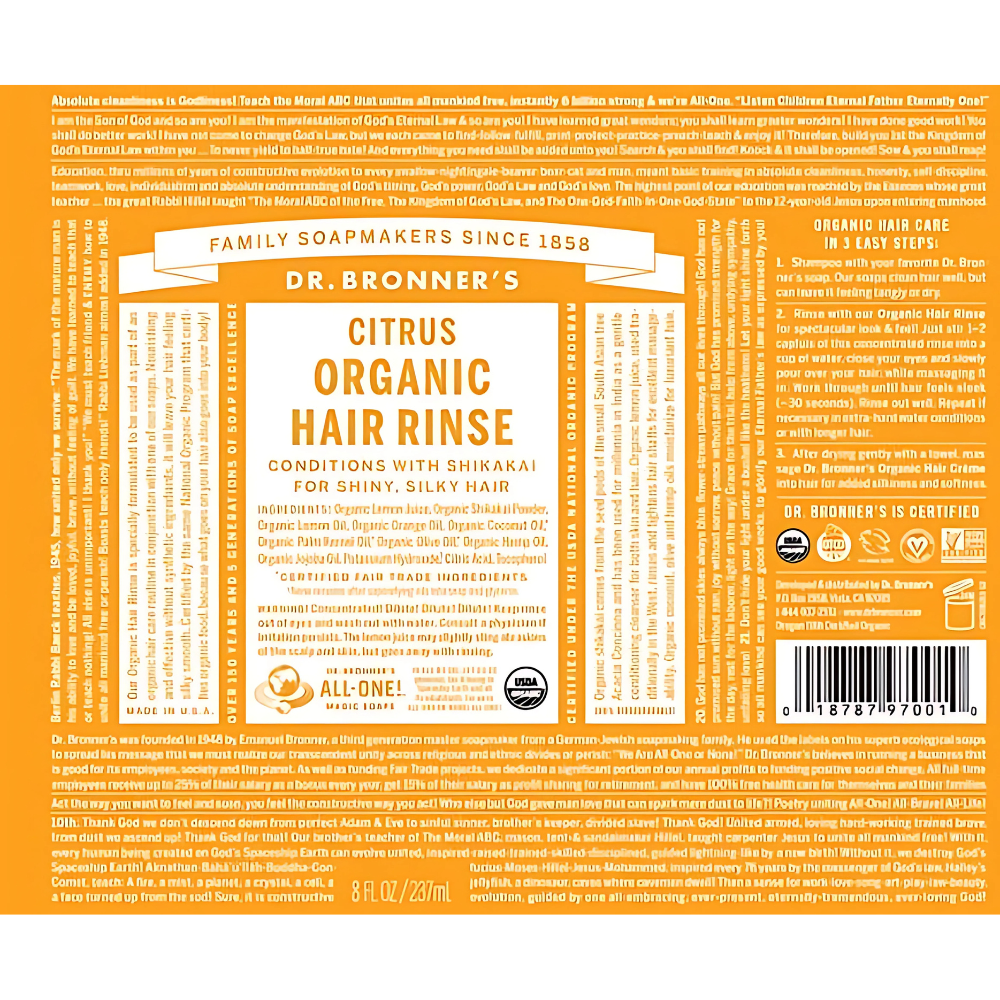 DR. BRONNER'S, Citrus Organic Hair Conditioner Rinse 237ml