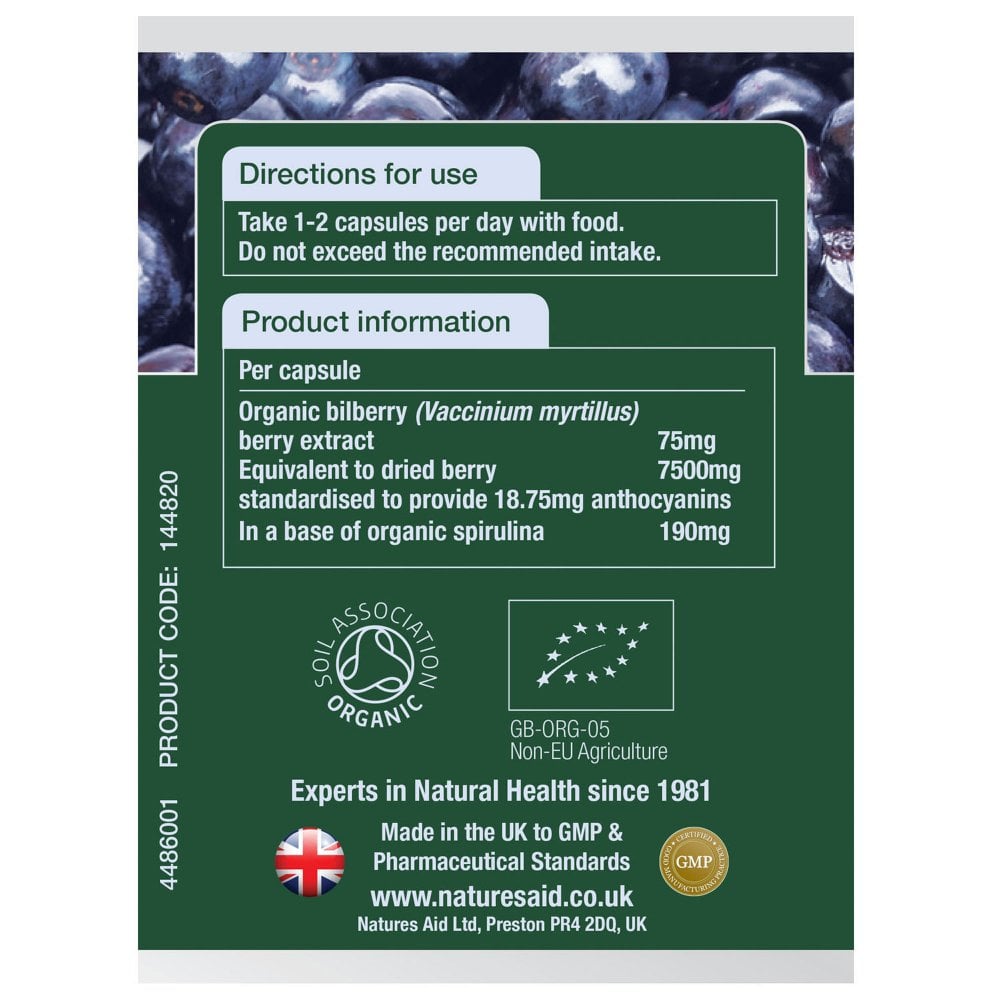 Natures Aid, Organic Superfoods Bilberry 7500mg 60 Capsules Default Title