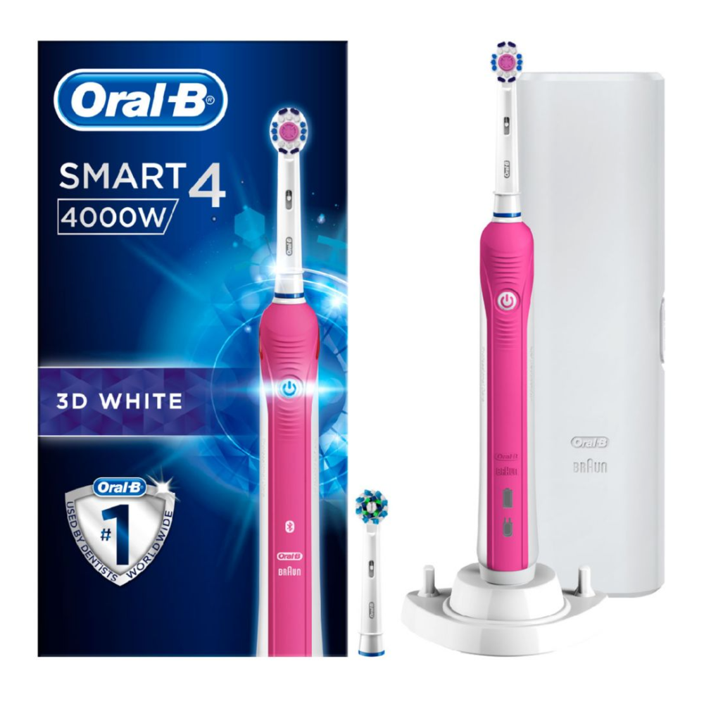 Braun Oral-B, Smart 4 4000W 3D White Electric Toothbrush + Bonus Travel Case - Pink Edition