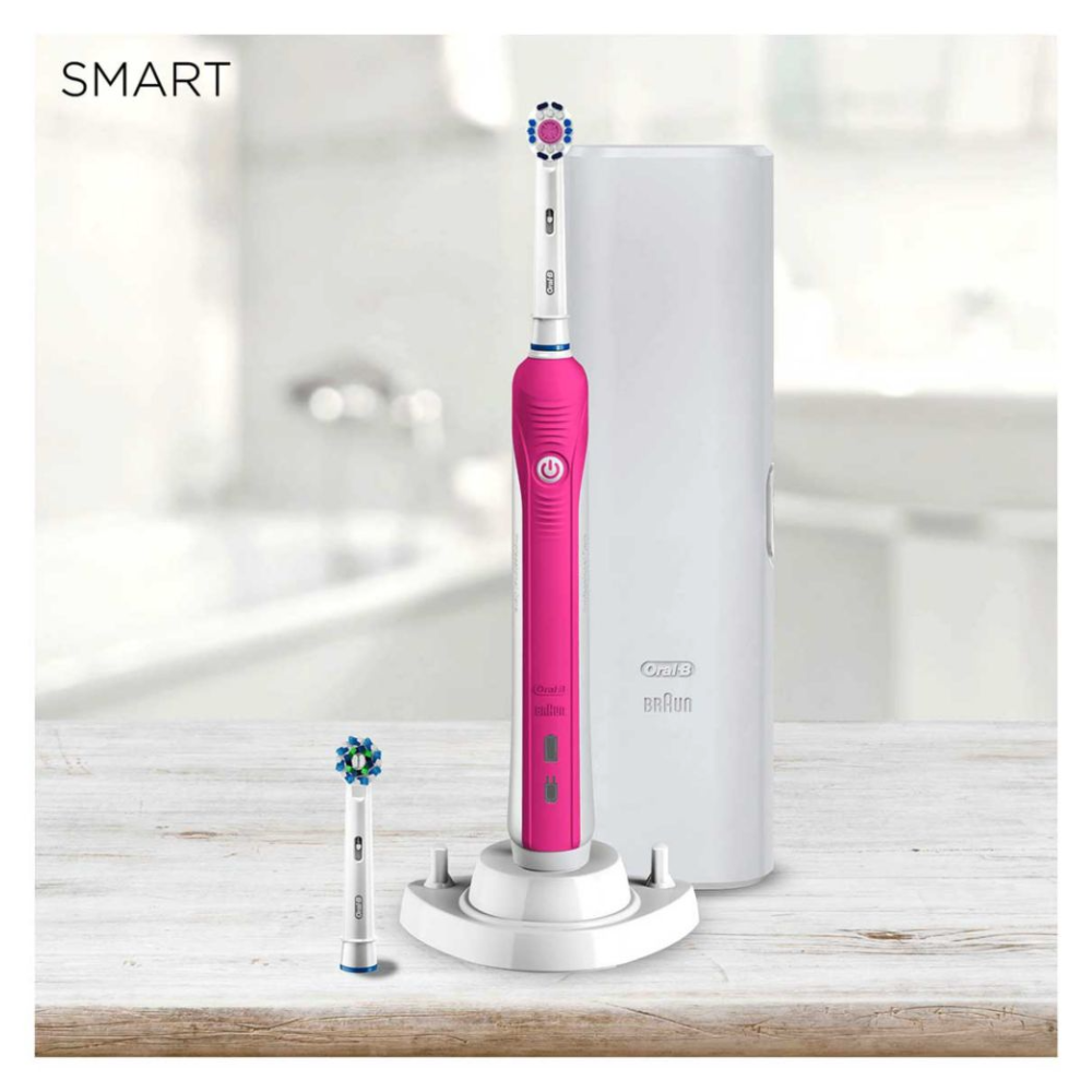 Braun Oral-B, Smart 4 4000W 3D White Electric Toothbrush + Bonus Travel Case - Pink Edition